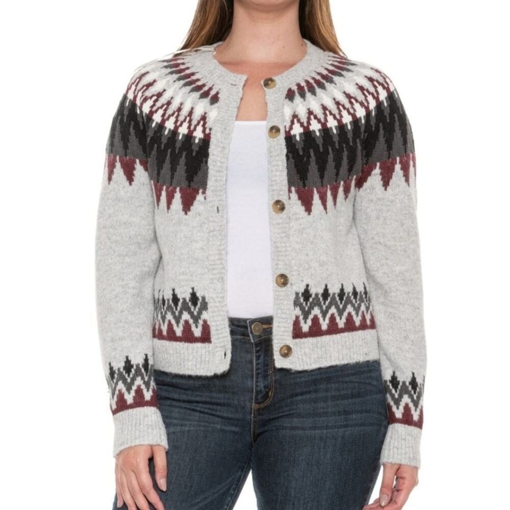 Lucky Brand Fair Isle Knit Cardigan Sweater Light Grey Burgundy Black Women's M
